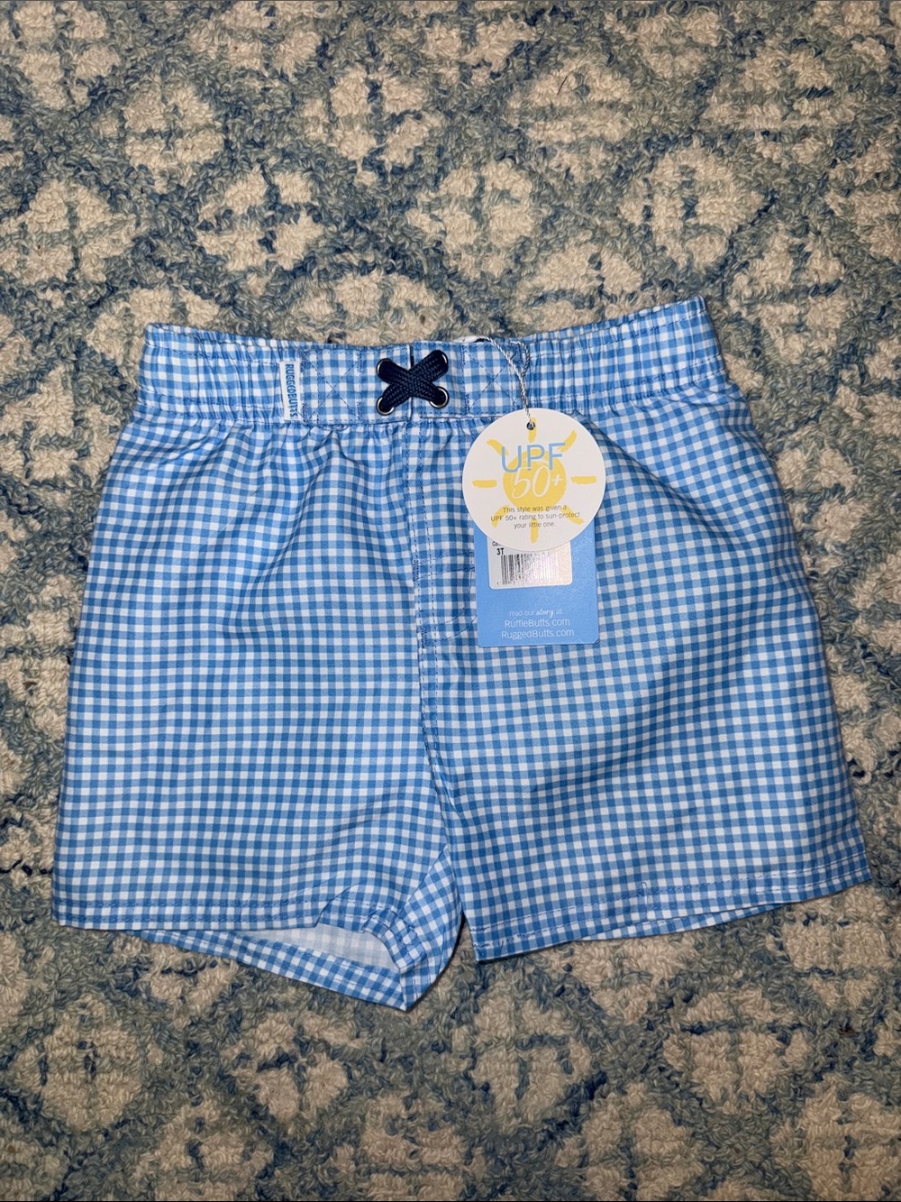Ruffle Butts Light Blue Gingham Shorts with Navy Drawstring